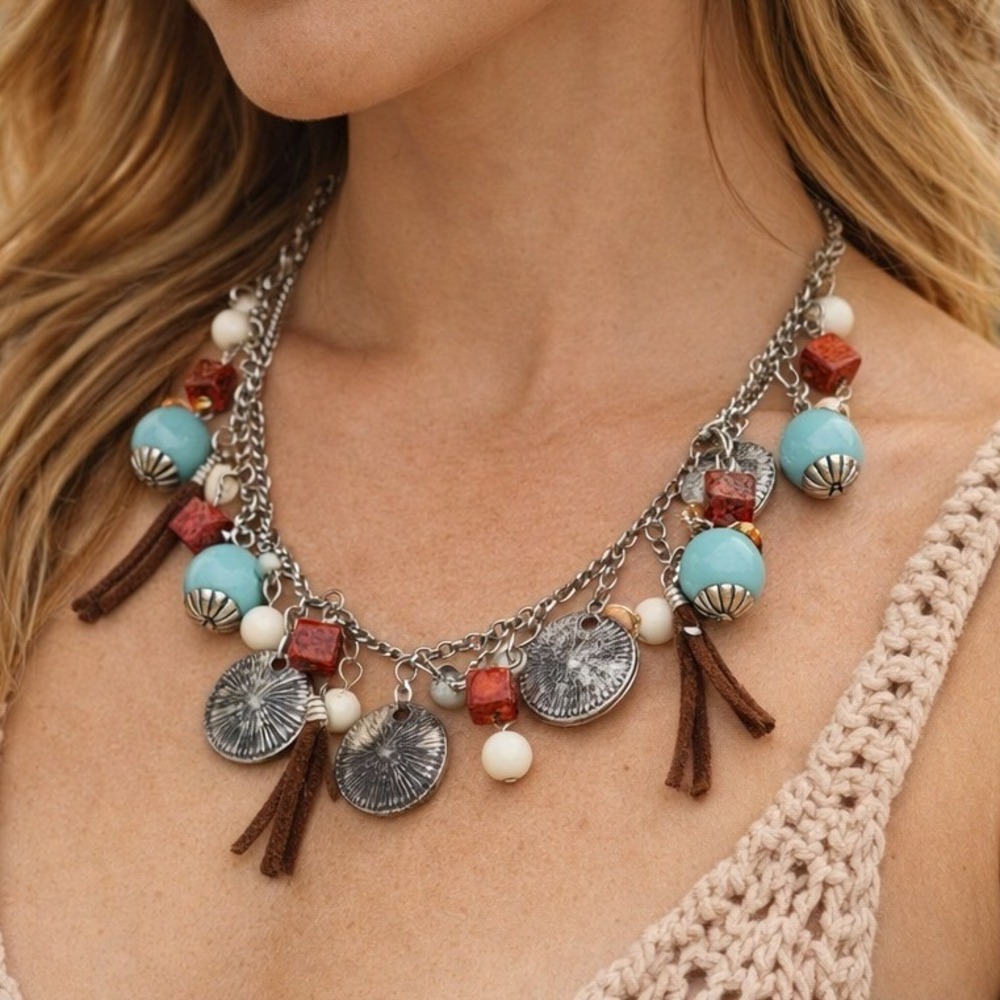 Statement Necklace Boho Turquoise Coral Style Leather Tassel Silver‎ Tone Charm